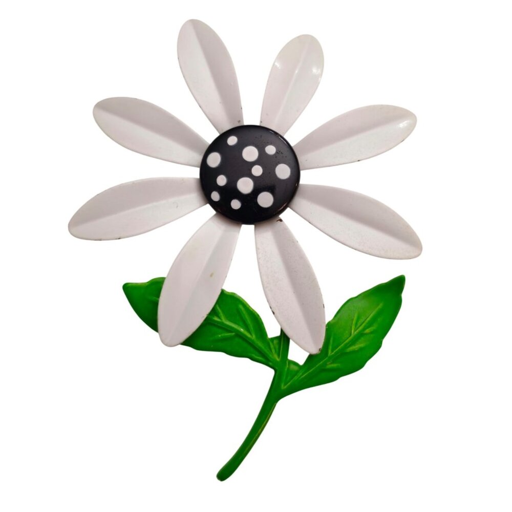 Black White Polka Dot Metal Flower Brooch Green Leaf Stem Pin C965